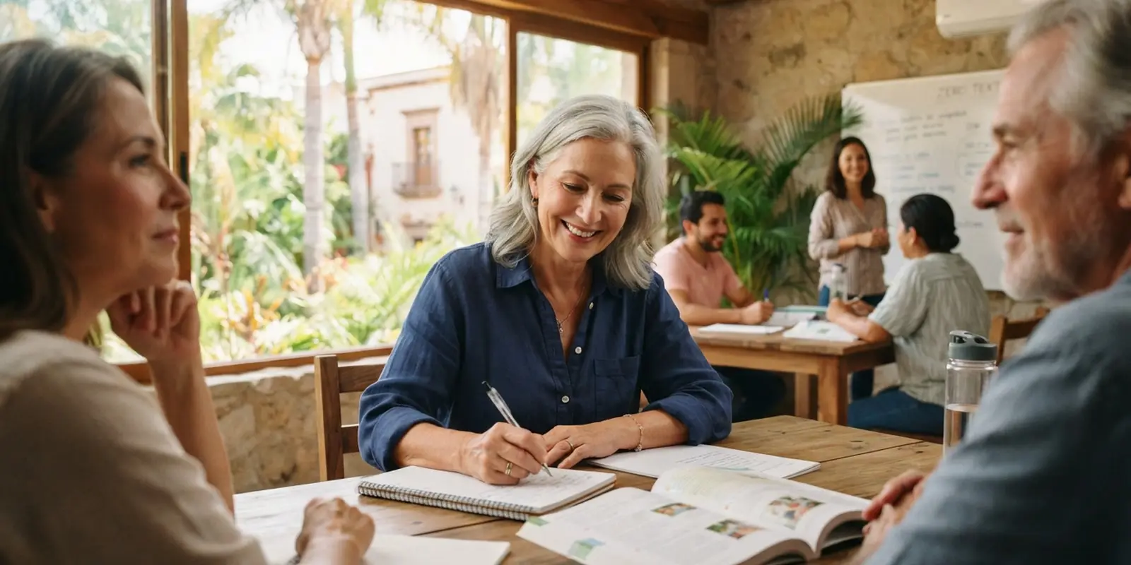Adulto mayor tomando una clase de inglés con confianza en un grupo pequeño en la Riviera Maya