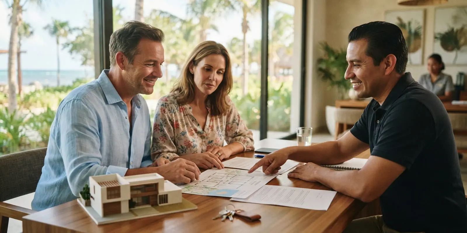 Foreign buyer reviewing Spanish-language property documents with a bilingual advisor in Playa del Carmen