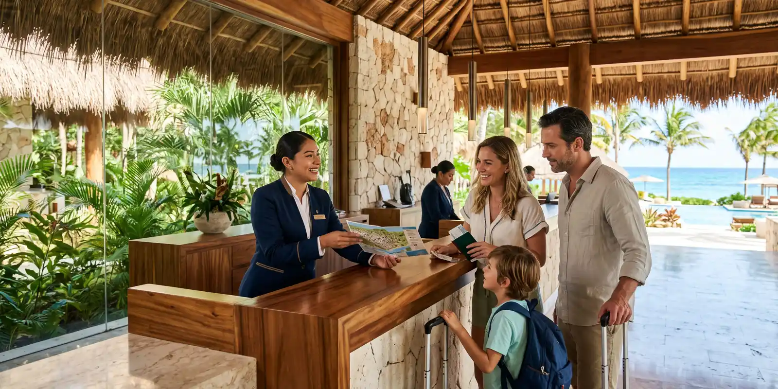 Recepcionista de hotel en la Riviera Maya atendiendo en inglés a huéspedes, con carpeta de certificación sobre el mostrador