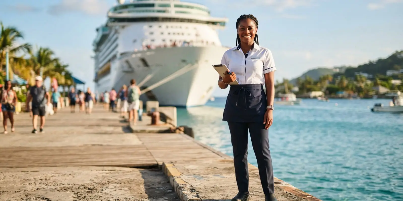 Joven profesional de hospitalidad con uniforme frente al mar Caribe, preparándose para trabajar en cruceros