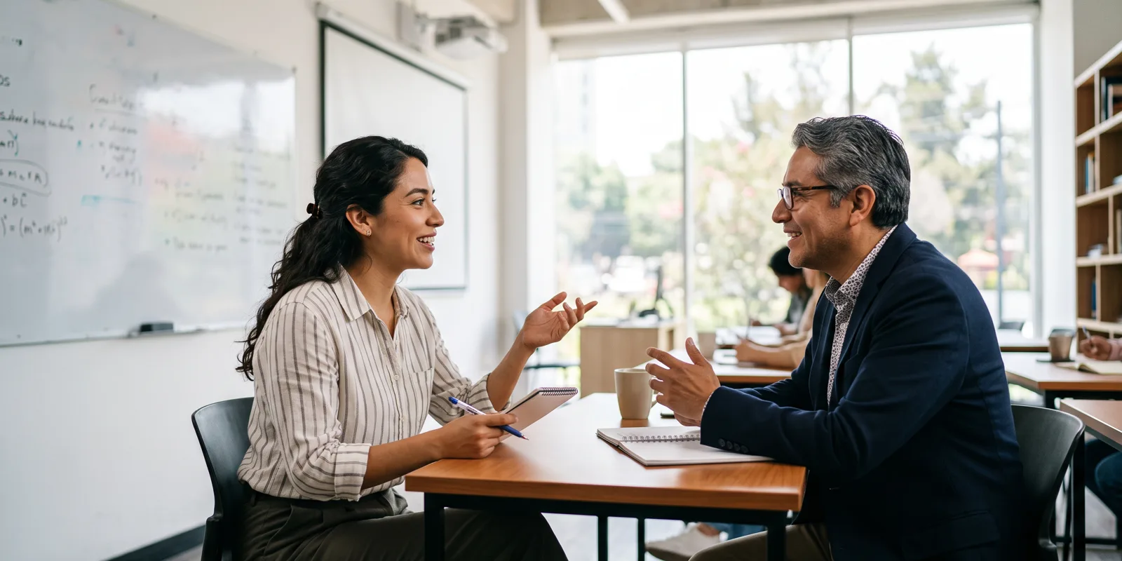 Adulto pensativo a punto de animarse a hablar durante una conversación en inglés en un café