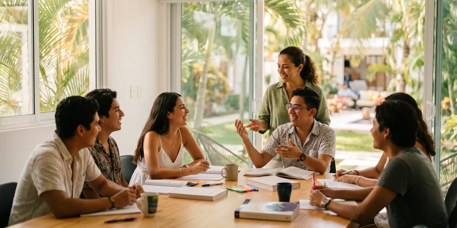Estudiantes en una clase de un curso de inglés en Playa del Carmen conversando en grupo