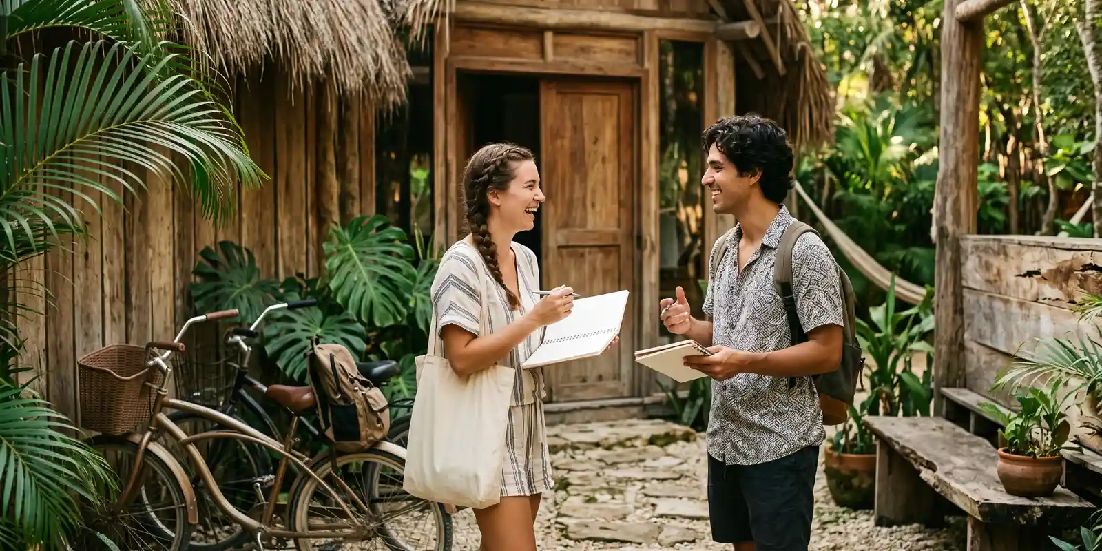 Estudiantes de una escuela de idiomas en Tulum conversando en clase con luz natural caribeña