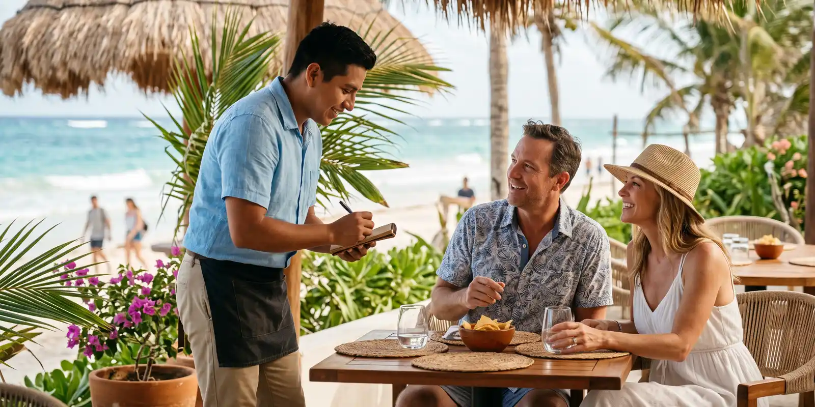 Bartender preparando un coctel mientras conversa en inglés con clientes en un bar de la Riviera Maya