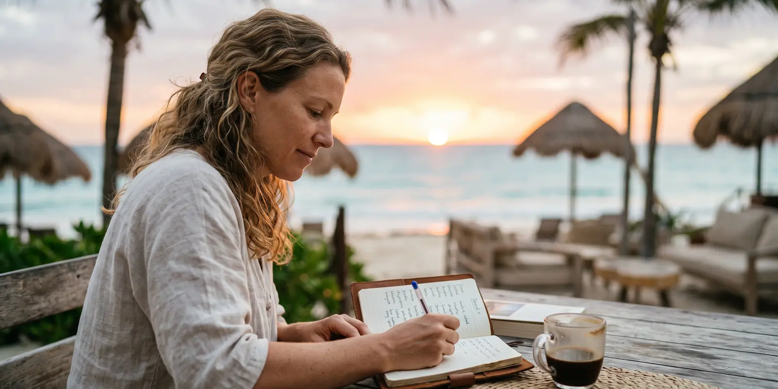 Adult student marking progress through Spanish course levels in a bright classroom in Mexico