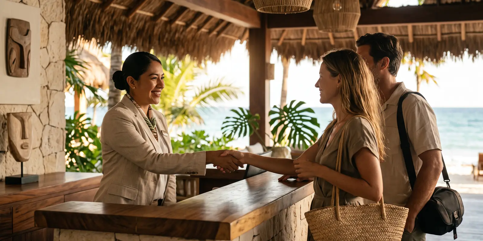 Recepcionista de hotel en la Riviera Maya atendiendo en inglés a un huésped durante el check-in