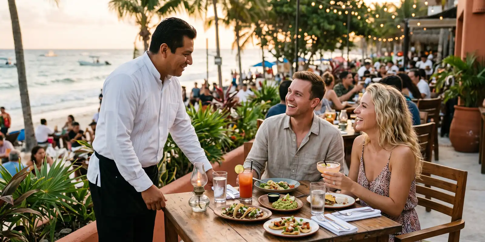 Vendedor de tiempo compartido conversando en inglés con una pareja de turistas en una terraza de la Riviera Maya
