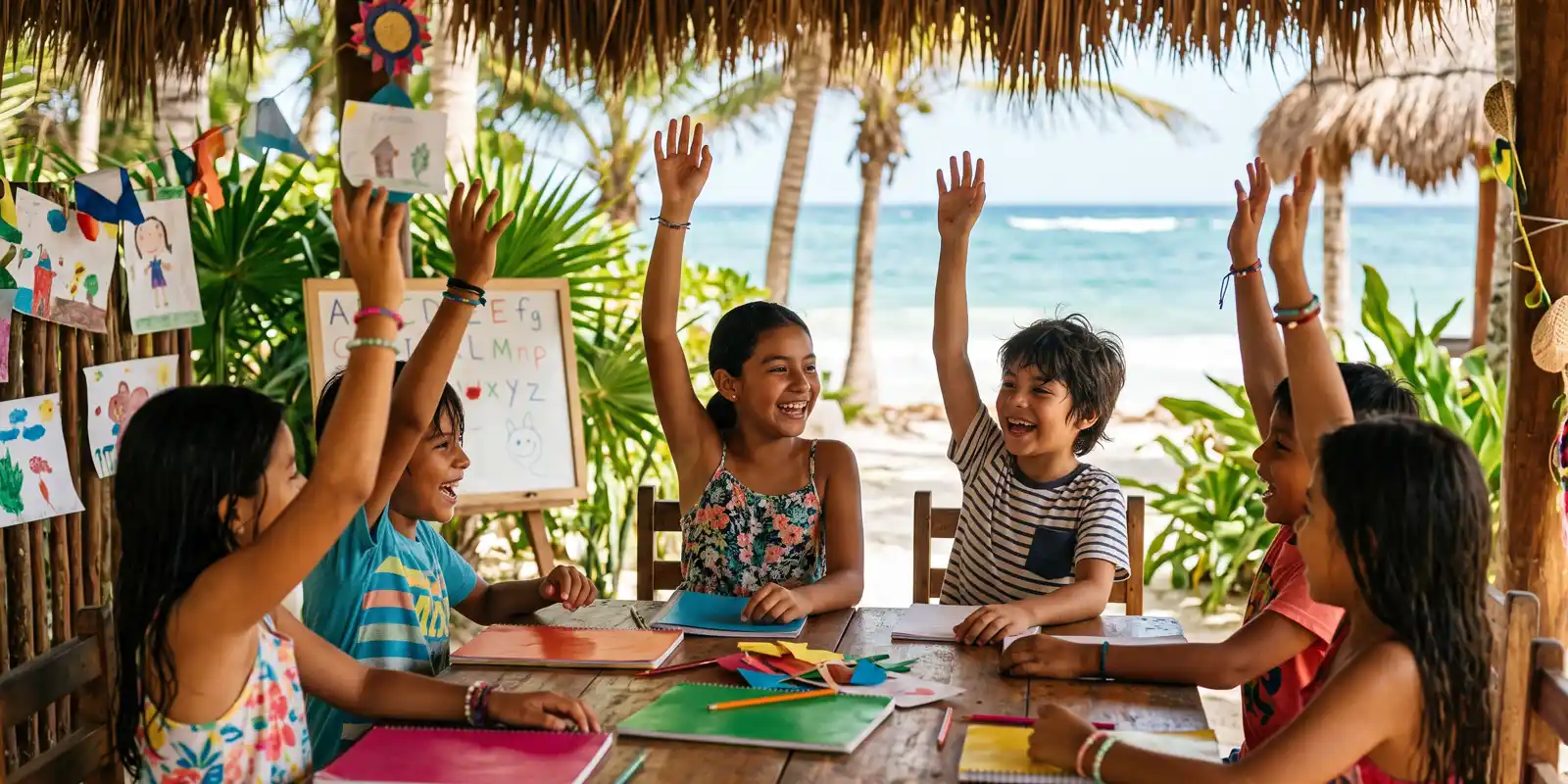 Niños jugando y aprendiendo inglés en actividades de verano al aire libre en la Riviera Maya