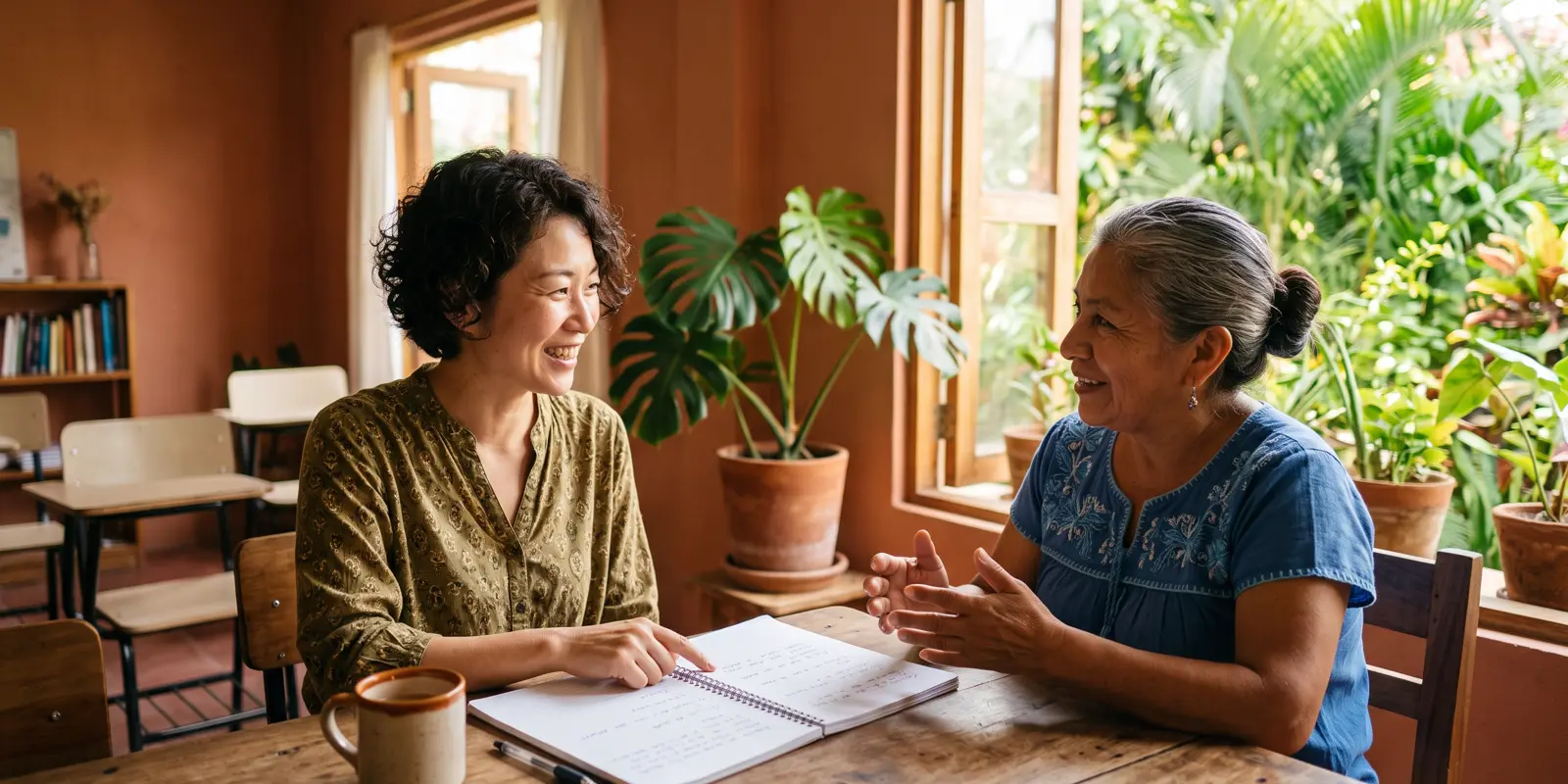 Retired expat couple practicing Spanish conversation with a teacher in Playa del Carmen